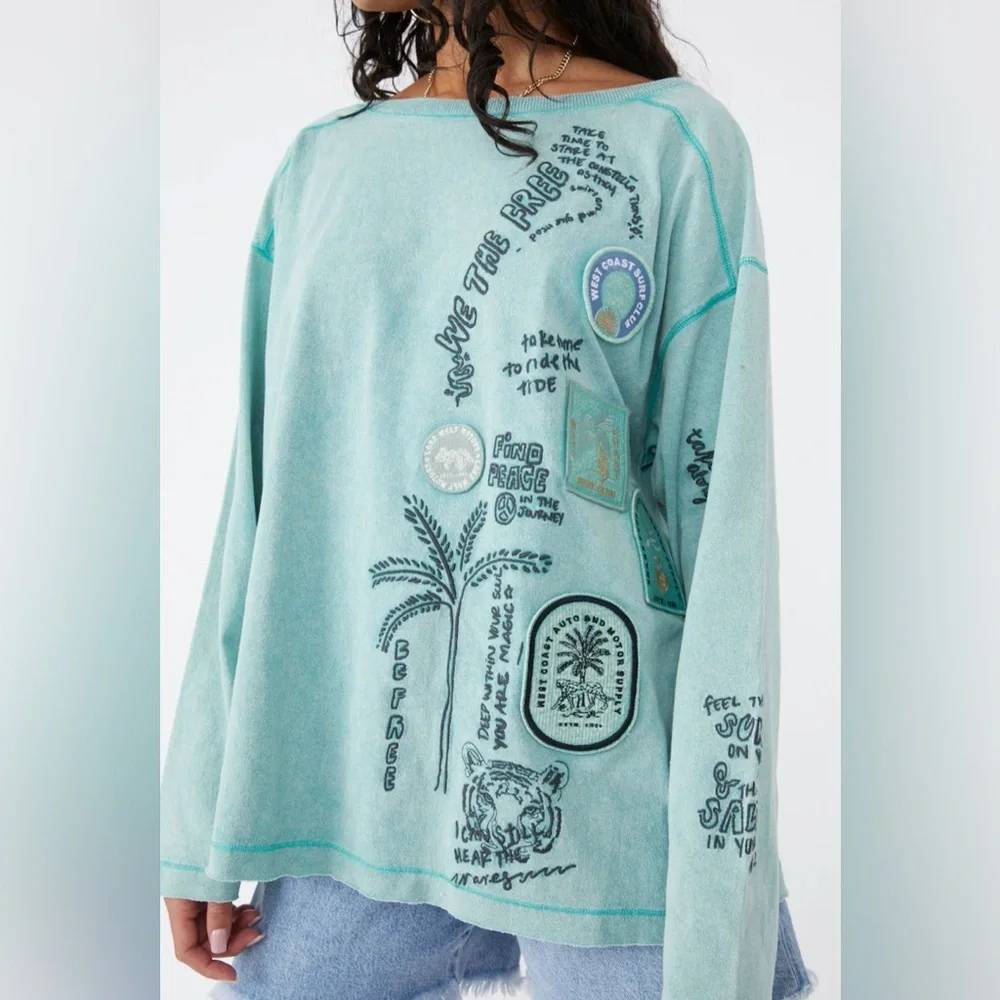 Free People Ivy Tee Surfing Long Sleeve Embroidered Patches Vintage Shirt Sz S - Picture 5 of 7